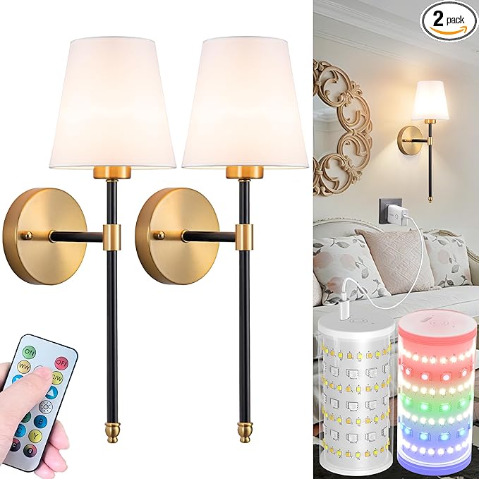 Battery Operated Wall Sconces Set of 2, Wireless Wall Light with 10000mAh RGB Dimmable Magnetic Bulb, Rechargeable Wall Sconce with Remote Control for Bedroom Living Room