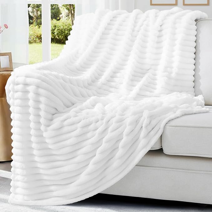 decorUhome Soft Fleece White Blanket King Size for Bed, Cozy Fluffy Plush Flannel Large Striped Throws for Couch Sofa, Lightweight Decorative Fuzzy Blanket for Woman, 108x90 Inches