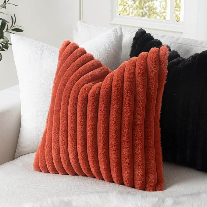 MIULEE Faux Fur Decorative Throw Pillow Covers 18x18 Inch Set of 2, Retro Vintage Boho Home Decor Soft Plush Couch Pillows Cozy Fluffy Cushion Covers for Sofa Bed Rust