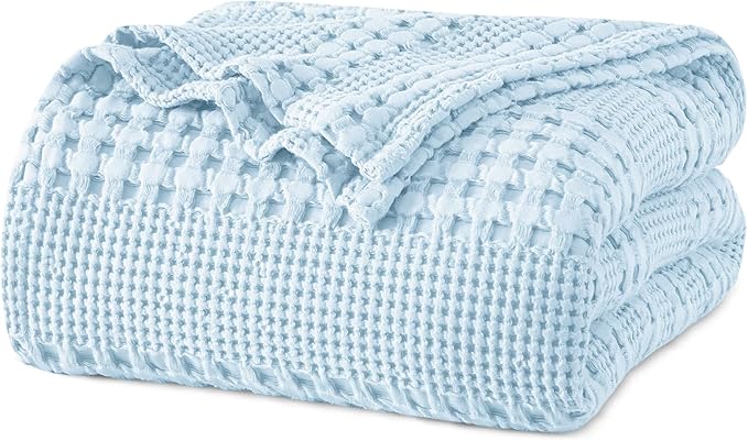 PHF 100% Cotton Waffle Weave Blanket Twin Size for Bed, Soft Lightweight & Breathable for Spring and Summer, All-Season Comfort, Luxury Aesthetic Blanket for Home Decor, 66"x90", Baby Blue