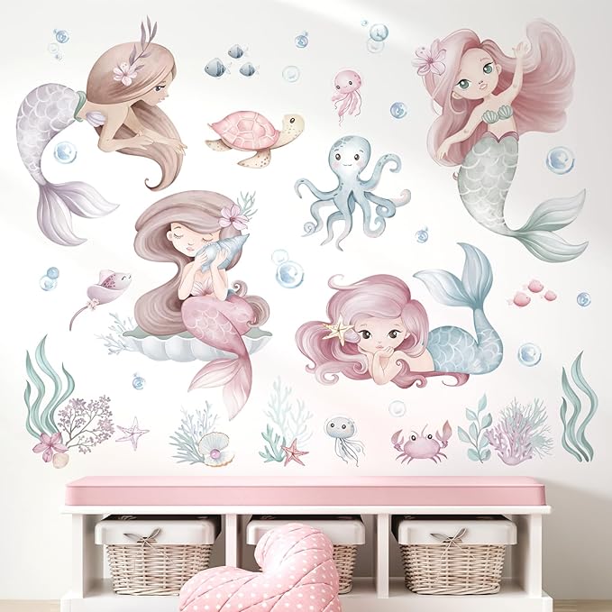 wondever Under The Sea Mermaid Wall Stickers Ocean Theme Turtle Seaweed Peel and Stick Wall Art Decals for Baby Nursery Girls Bedroom Bathroom