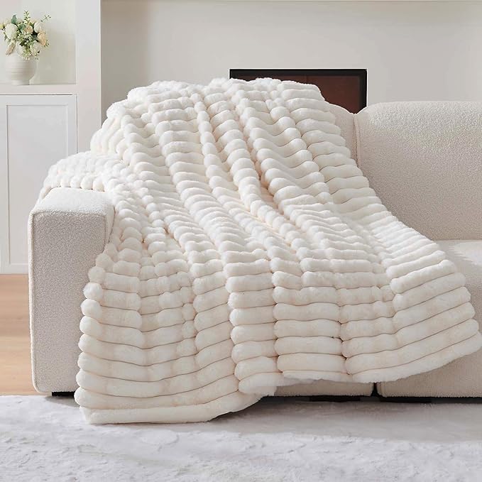 Lotus Karen Blanket for Bed Queen Size, Cozy Soft Fluffy Fuzzy Cream White Blanket, Striped Warm Thick Furry Plush Shaggy Large Blankets for Women, 90x90 Inches