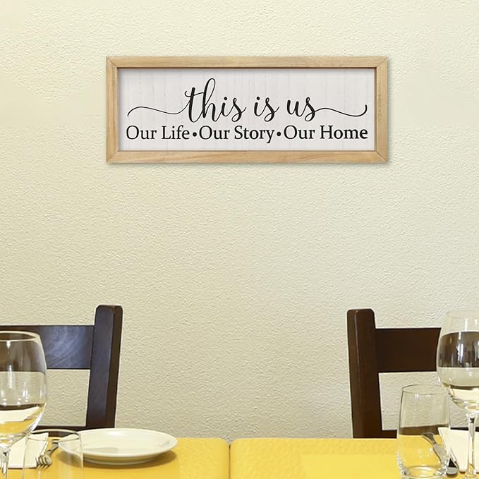 comurdyo Minimalist Family Quote This Is Us Sign Wall Art 16×6 Inch Our Life Story Home Plaque for Entryway Bedroom Home office Small Vintage Framed Rustic Wooden Hanging Wall Decor (Wood)