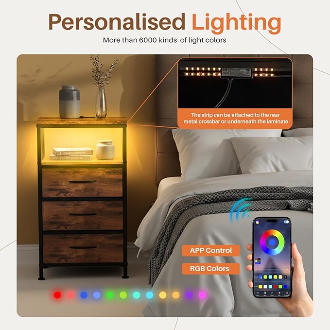 DUMOS Nightstand with Charging Station, Bedside End Table with 3 Fabric Drawers & USB/Type-C Ports and Outlets, Night Stand for Bedroom Furniture, Adjustable Feet and Variable Light Strip, Rust