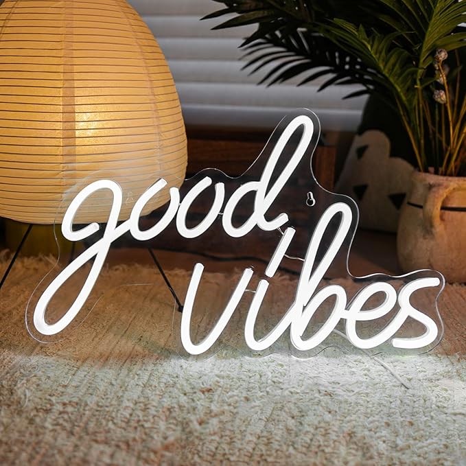 Good Vibes Neon Sign, Good Vibes Neon Lights Goodvibes LED Light Sign for Wall Decor, Bedroom Decor, Game Room, Birthday Party, Wedding, Bar, Home, Girl Cave, White, (15.91 x 9.69 inch)