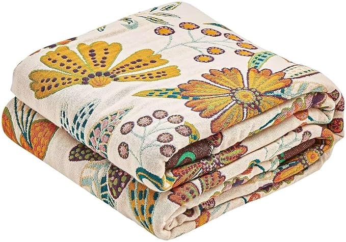 Boho Throw Blanket, 100% Cotton Ultra Soft Luxury Throw Rustic Quilt, 60"x80" Floral Printed Farmhouse Decor Bed Summer Blankets, All Season Rustic Reversible Bohemian Throw for Bed - White