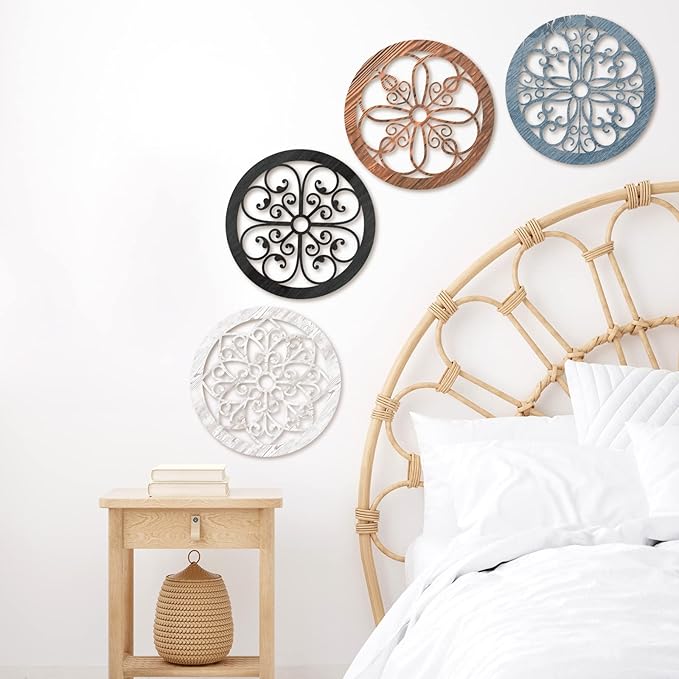 Yulejo 4 Pcs Thicken Rustic Wall Decor Farmhouse Kitchen Wall Round Art Wooden Hollow Carved Design Rustic Art for Living Room Bedroom Hallway Decor (9.8 x 9.8 Inch,Colorful)