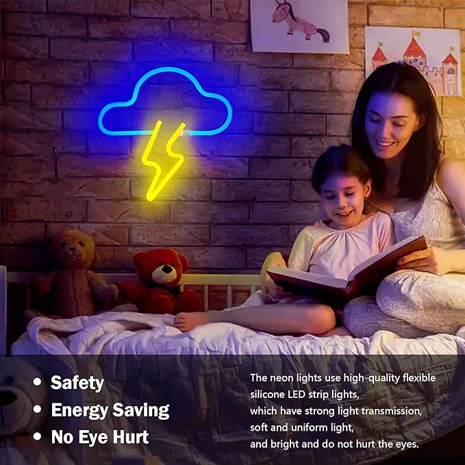 Neon Sign LED Cloud Lightning Neon Signs for Wall Decor Hanging Neon Light Battery or USB Powered Light Up Neon Lights for Bedroom Aesthetic Kids Room Living Room Bar Party Christmas Wedding Yellow