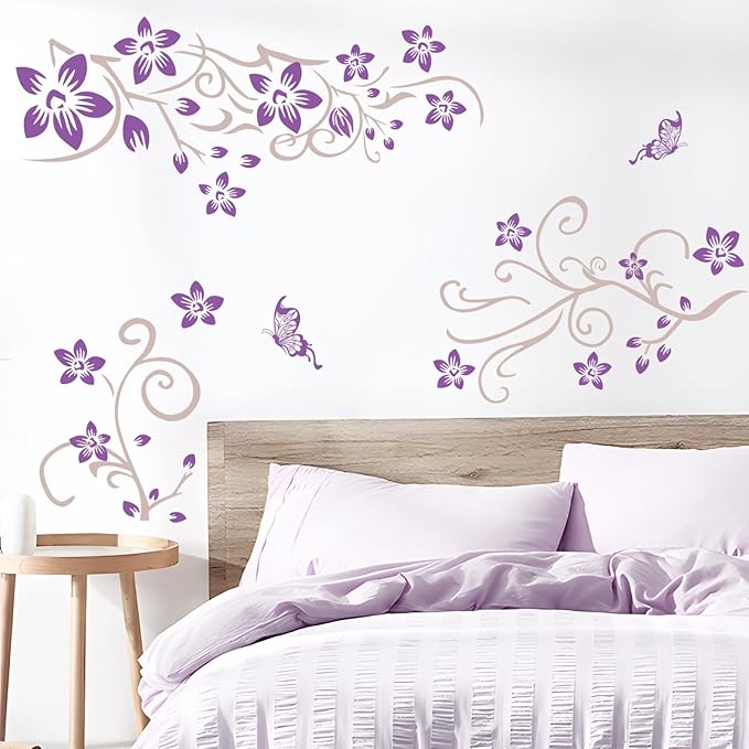 Supzone Flowers Vine Wall Decals - Purple Flowers Stickers With Butterflies, Removable Vinyl DIY Home Art for Bedroom, Living Room, Sofa Backdrop, TV Decoration