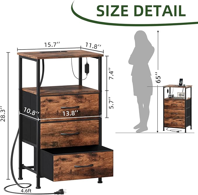 Somdot Nightstands Set of 2,Bedside Tables with Charging Station and LED Lights,Night stand with 3 Fabric Drawers, End Tables with Open Shelf for Bedroom Living Room Entryway Hallway, Wood Grain Print