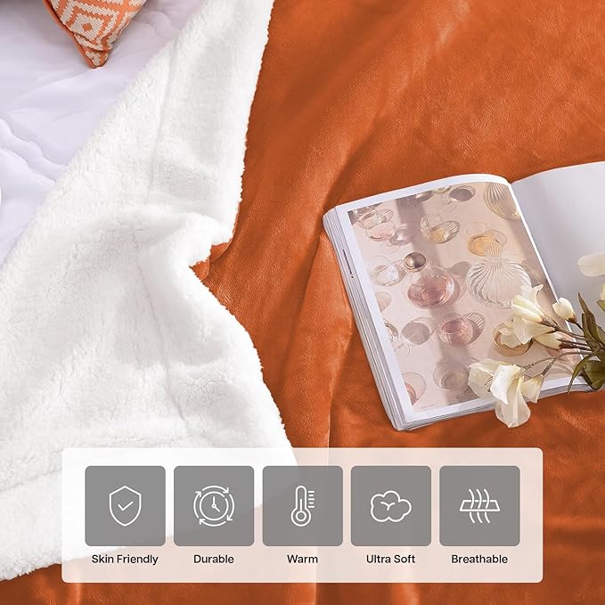 IR Imperial Rooms Sherpa Blankets Queen Size - Thick and Warm Burnt Orange Blankets for Winter, Reversible Soft and Fuzzy Fluffy Queen Size Blanket for Bed, Rust, 90x90 Inches