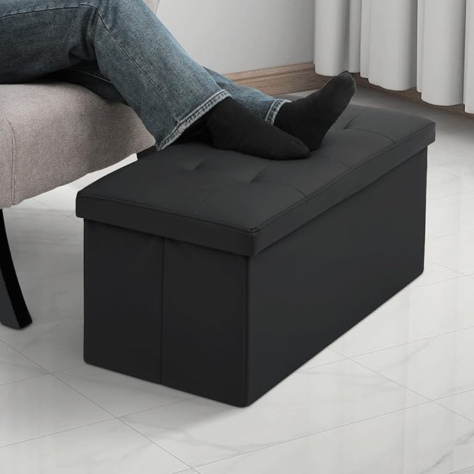 MoNiBloom 30 Inch Storage Ottoman Bench, 24 Gal. Folding Ottoman Footrest, End of Bed Bench, Rectangle Foot Stool, Supports 600 lbs, for Bedroom, Living Room, Entryway, Hallway, Black