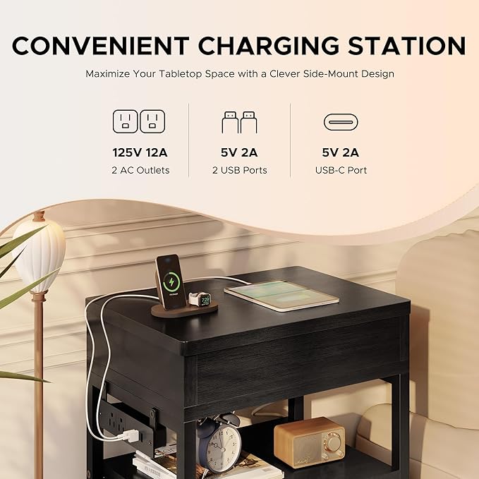 Nightstand Hidden Drawer Charging Table - Night Stand with Charger Station and Sliding Top Storage, Morden Bedside Table with 2 Fabric Drawers, for Dorm Living Room Bedroom, Black