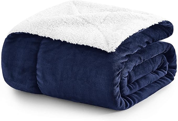 MOONLIGHT20015 Sherpa Blankets Queen Size - (Navy, 90X90 Inches) Fuzzy, Soft and Wool/Fleece Blanket for Bed, Fluffy Blankets for Winter, Camping and Travel
