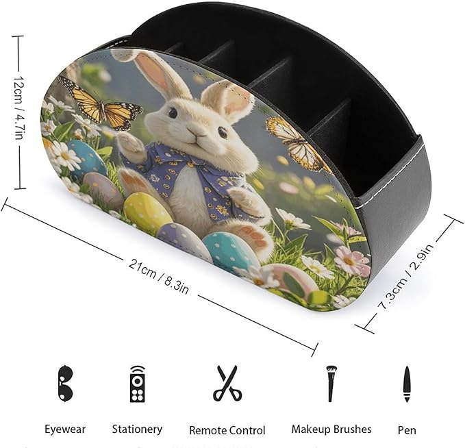 Easter Bunny Spring Butterfly Remote Control Holder Organizer Box with 5 Compartment PU Leather Bedside Storage Caddy Remote Organizer for Controller Media Player Pen/Pencil Storage