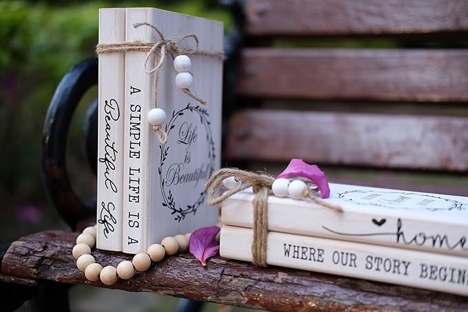 LIVDUCOT Decorative Books for Home, White Faux Books for Decoration, Rustic Farmhouse Display Wood Book Stack Coffee Table Decor Set of 2 (A Simple Life Is A Beautiful Life)