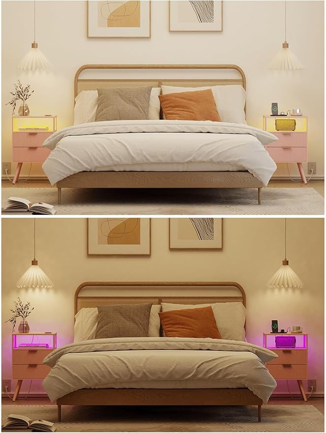 Nightstand, Modern Bedside Table with 2 Storage Drawer and Open Wood Shelf for Bedroom and Small Spaces, Night Stand with Solid Wood Legs (Pink-Outlet)