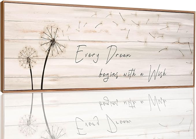 Dandelion Wall Art - Every Dream Begin with A Wish Rustic Farmhouse Wall Decor Framed Canvas Wall Art Bedroom Wall Decor Above Bed Dandelion Art Decor Vintage Room Decor (Wooden Frame) 46x19inch
