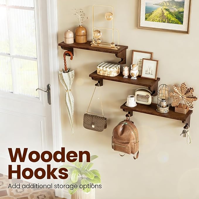 Alsonerbay Wood Floating Shelves for Wall 3 Pack, 17 inch Rustic Wall Shelves with Hook, Decorative Hanging Shelves for Bedroom Living Room Nursery Office and More Light Walnut