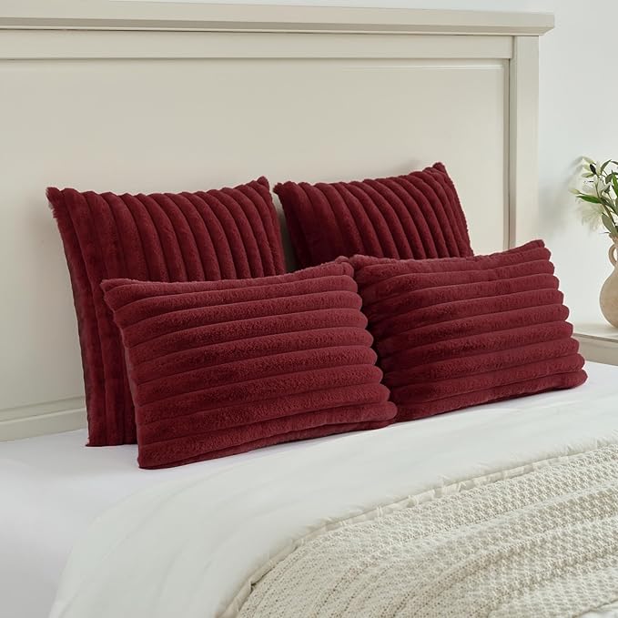 FUTEI Burgundy Decorative Throw Pillow Covers Set of 2, 12x20 Inch Soft Fluffy Faux Fur Plush Striped Lumbar Pillowcases, Modern Home Decor for Couch Bed Living Room