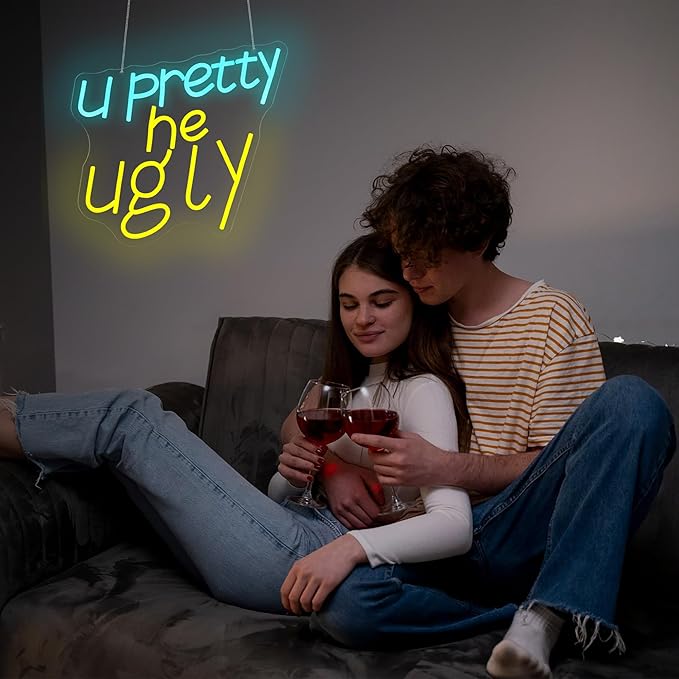 U Pretty, He Ugly Neon Sign, Dimmable Neon Signs for Wall Decor, Beer Bar Signs for Man Cave, Room Home Decor, Led Sign - USB Powered