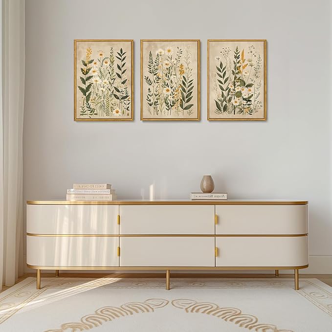 Wodkwq 3 Piece Vintage Floral Canvas Wall Art Framed,Large Wildflower Wall Decor，Neutral Farmhouse Botanical Daisy Wall Painting,Modern Floral Art Prints For Living Room,Bedroom,Office 16x24in