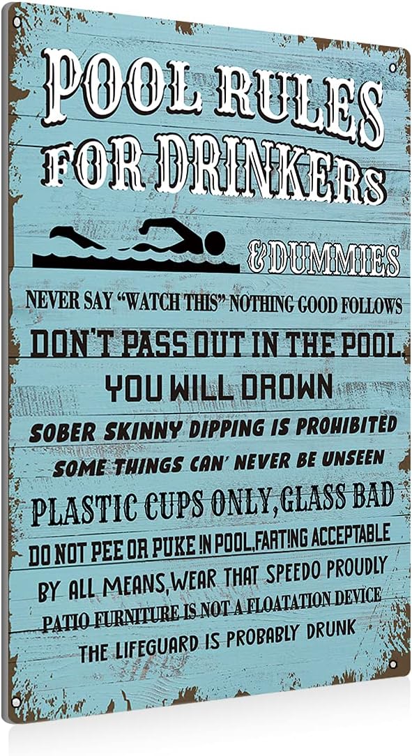 BEASTZHENG Swimming Pool Rules for Drinkers - Metal Tin Wall Decor, Blue Pool Sign - 8x12 Inch