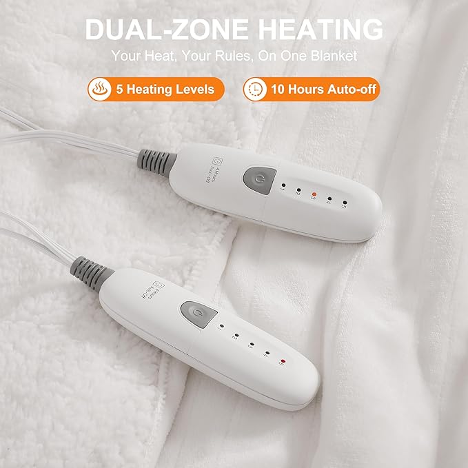 King Size Heated Blanket Dual Control Heated Blanket - Soft Silky Plush Electric Blanket with 5 Heating Level & 10 Hour Auto Off, ETL Certified & Machine Washable, for Grandma Gifts(Cream White)