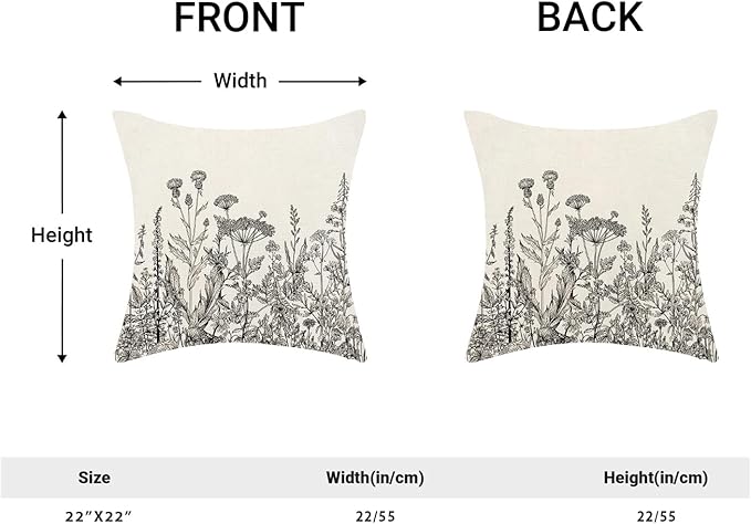 AEIOAE Black White Gray Pillow Covers 22x22 Inch Set of 2, Spring Wildflower Plant Throw Pillows Case,Seasonal Floral Outdoor Decorative Flowers Farmhouse Decor Cushion Covers for Home Sofa Bed Couch