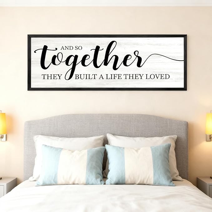 And So Together They Built A Life They Loved DecorativeSign & Plaque Framed Wall Art for Couples, 40''×15'' Vintage Wooden Horizontal Wall Decor Above Bed, Rustic Farmhouse Wedding Gift