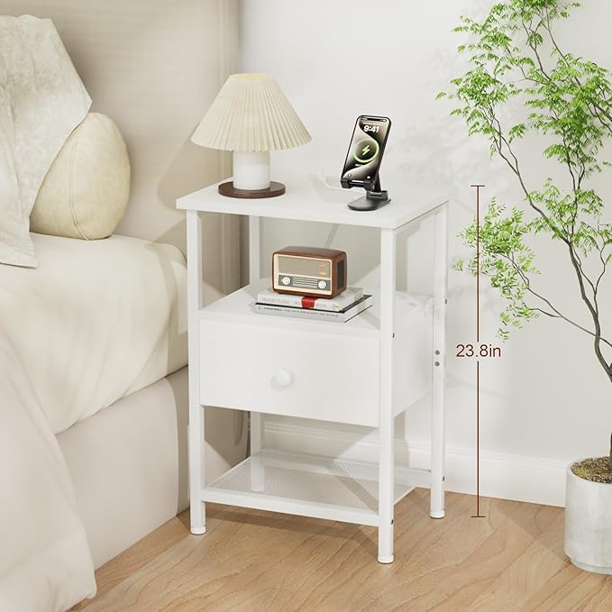 White Nightstand with Charging Station, End Table with Fabric Drawer, Night Stand for Bedroom, Small Bed Side Table with USB Ports and Outlets for Living Room, HETS010WT-1