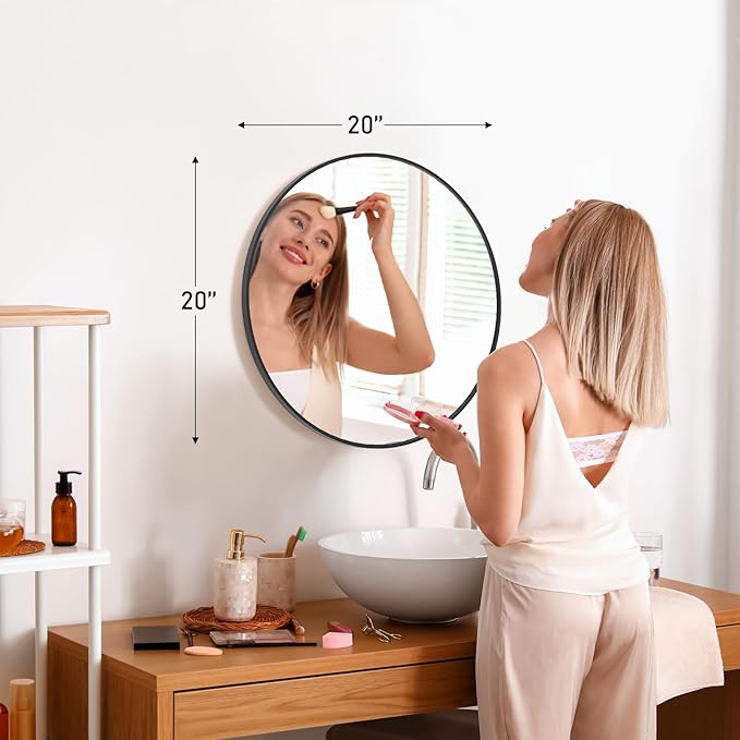 Sweetcrispy 20-inch Black Round Wall Mirror, Circle Bathroom Mirrors with Metal Frame, Wall-Mounted Mirrors for Living Room, Bathroom, Entryway