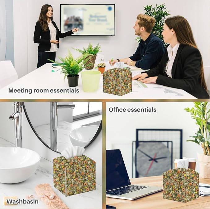 Tissue Box Cover, Tissue Box Holder, Square with Belt Bottom, PU Leather Decorative Organizer for Desk, Tabletop, Countertop Bathroom, Toilet Car, Office, Dresser Bedside, Aesthetic Wildflowers Decor
