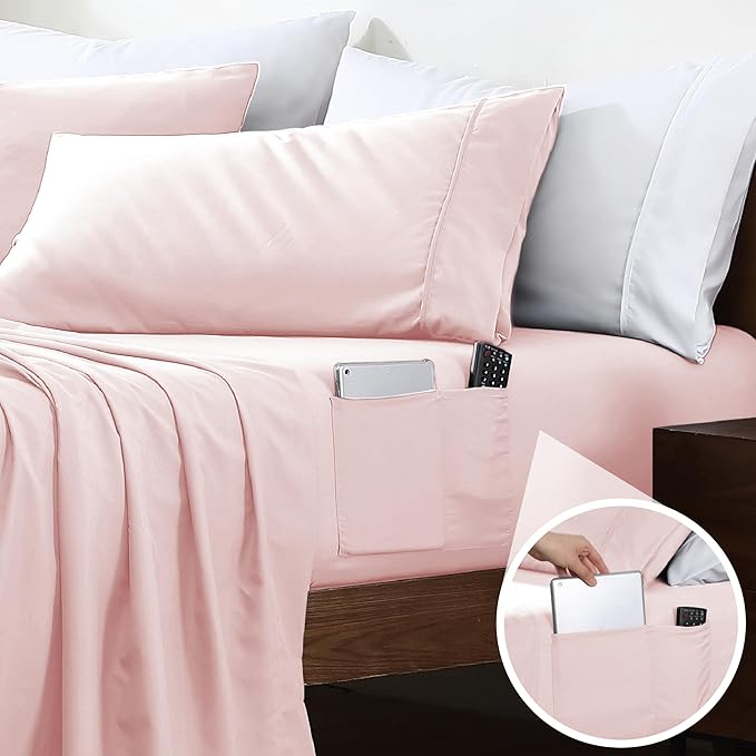 Swift Home Smart Sheets, Ultra Soft Brushed Microfiber 4-Piece Sheet Set, Fitted Bed Sheet with Side Storage Pockets – Blush, Full