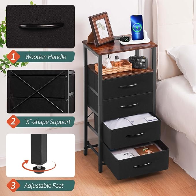 Yoobure Night Stand - LED Nightstand with Charging Station, Tall Dresser for Bedroom, Bedside Table with 4 Fabric Storage Drawers and Storage Shelf, End Table with USB Ports and Outlets