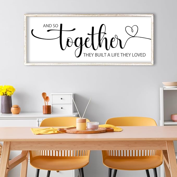 And So Together They Built A Life They Loved Sign Wall Decor 40"x15" Above Over Bed Master Bedroom Large Wood Framed Wall Hanging Art (White)