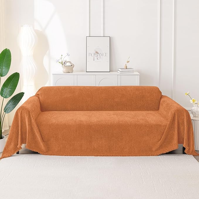 Smiry Couch Cover for Dogs, Washable Chenille Sofa Covers for 3 Cushion Couch, Soft Sofa Slipcover for Pets, Thick Sectional Furniture Protector with Tassels (Orange, 71x150 Inch)