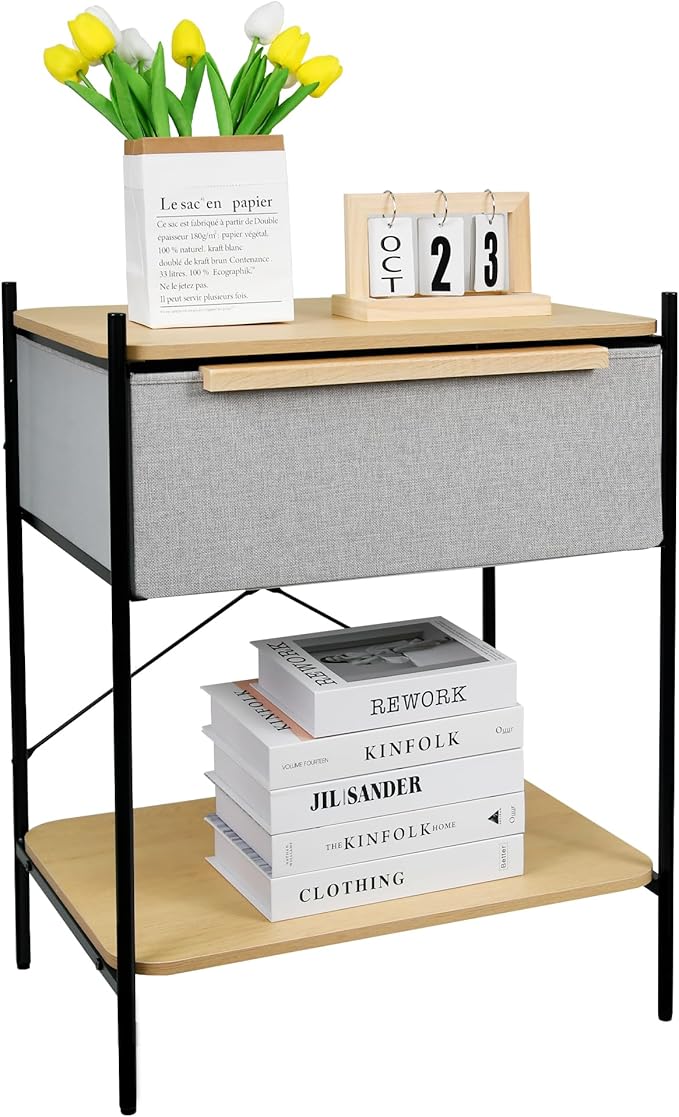 Modern Nightstand with 3-Tier Storage - Water-Resistant Shelves & Fabric Drawer, Sturdy Metal Frame Bedside Table for Bedroom, Dorm, Living Room, Light Gray