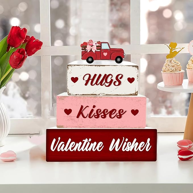 4 Pcs Valentine's Day Decorations Reversible St. Patrick's Day Table Sign Centerpiece Wooden Truck Desk Decor Double Side Irish Tiered Tray Decor for Table Shelf Mantel Farmhouse Home Decor