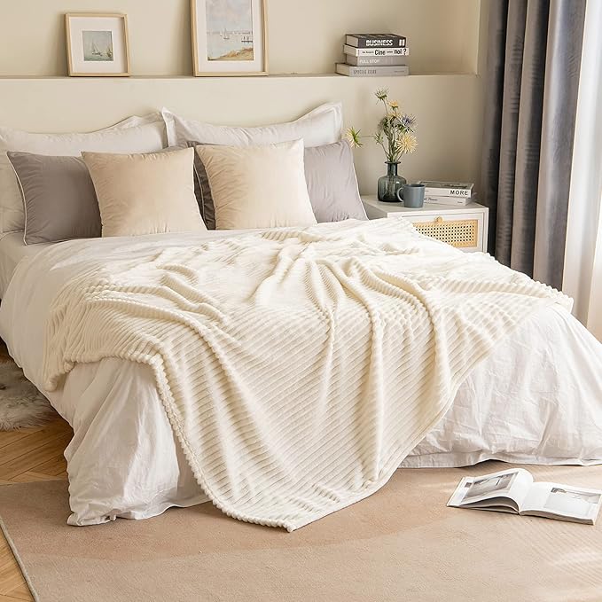 MIULEE Cream White Throw Blanket 3D Ribbed Jacquard Fleece Flannel Velvet Plush Decorative Bed Blanket (Throw, 50" x 60") - Super Soft, Lightweight, Warm and Cozy for Couch Sofa, Home Decor