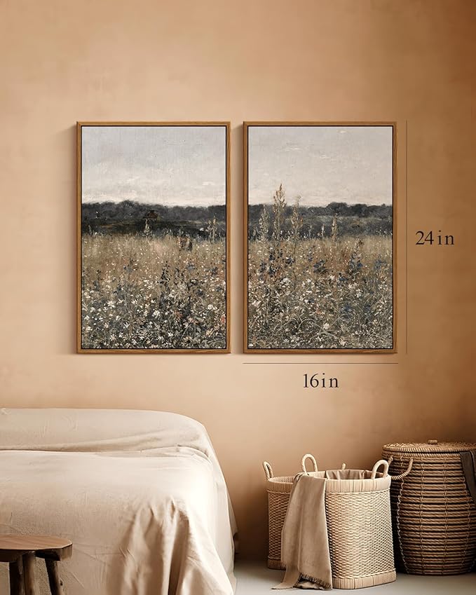 InSimSea 2 Pcs Framed Wall Art Vintage Landscape Decor, Meadow Scenery Paintings Above Bed Wall Decor, Canvas Prints, Living Room Bedroom Office Farmhouse Decorations, 16"x24" Set of 2