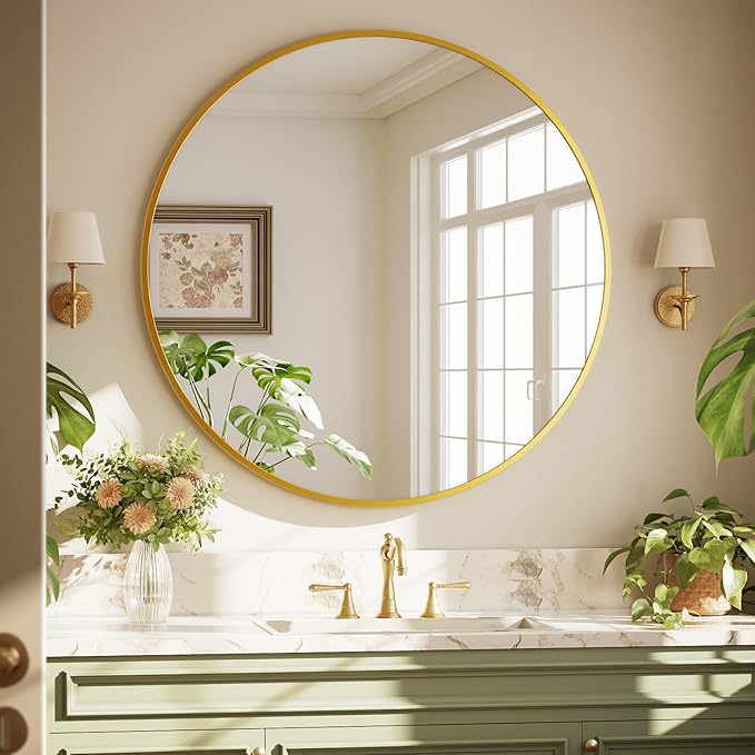 40 Inch Round Mirror - Circle Mirrors for Bathroom, Entryway and Living Room Wall Decor, Modern Hanging Vanity Mirror, Matte Gold Circle Decorative Wall Mirror