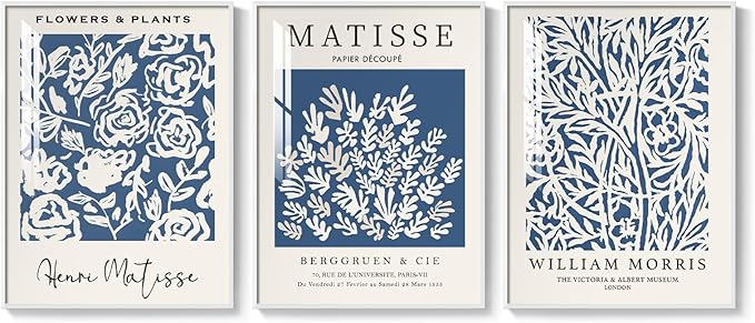 Framed Blue Matisse Wall Art for Room Decor, 3 Piece Botanical Artwork for Walls, Vintage Blue and White Plant Canvas Print, William Morris Painting Picture for Bedroom Living Room Hallway, 12x16 Inch