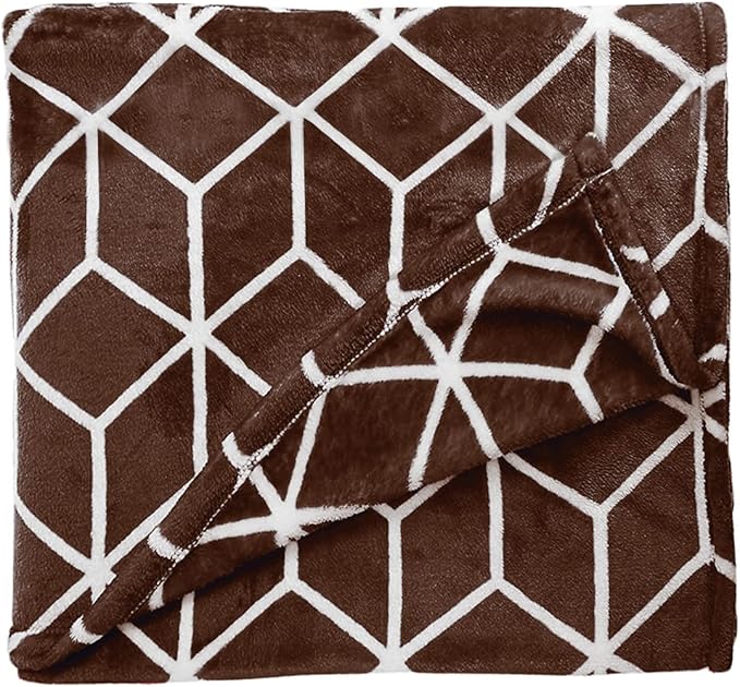 Elegant Comfort Luxury Velvety Feel Blanket, All-Season Lightweight Blanket, Ultra Plush, Soft, Cozy-Fuzzy Flannel Fleece for Couch, Sofa, Bed, Travel, Cube Design, Twin/Twin XL, Chocolate Brown