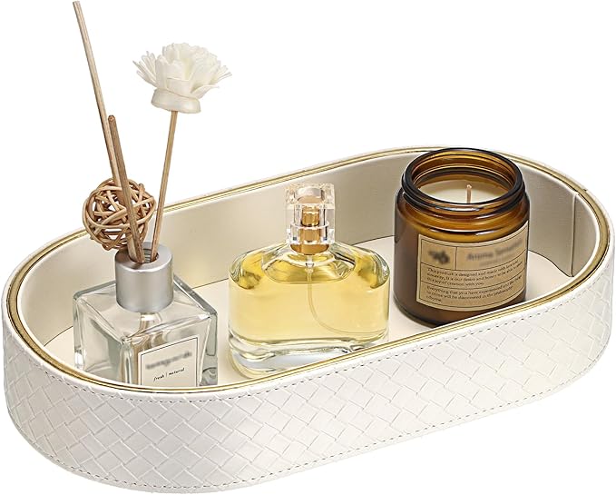 Hipiwe PU Leather Valet Tray with Gold Line Perfume Vanity Tray Catchall Tray for Jewelry Trinket Oval Bedside Nightstand Organizer for Home Decor, White