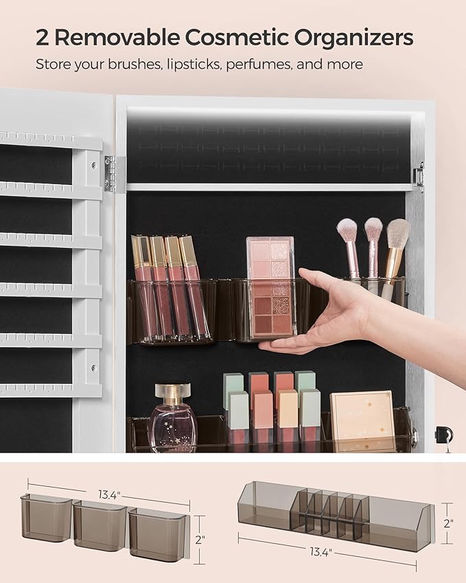 SONGMICS LED Mirror Jewelry Cabinet Armoire, Wall or Door Mounted Jewelry Storage Organizer, Hanging Lockable Frameless Mirror Cabinet with 2 Plastic Cosmetic Organizers, Gift Idea, White UJJC011W01