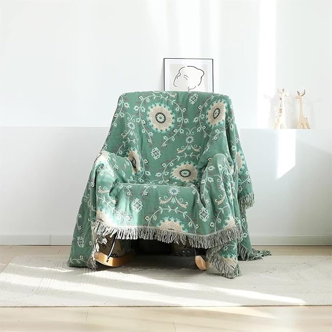 Boho Throw Blanket for Bed 100% Cotton Ultra Soft Rustic Quilt Spring Blanket Floral Printed Farmhouse Decor Bed Blankets,90"x98" All Season Rustic Throw for Sofa Couch Chair