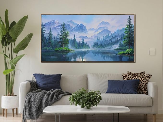 Ardemy Framed Lake & Mountain Canvas Wall Art 40"x20", Textured Blue-Green Landscape Painting, Large Nature Picture for Living Room Bedroom Office Decor