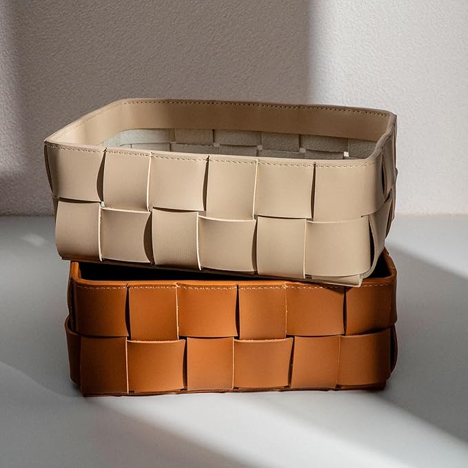 Nordic Style Leather Storage Basket for Decorative Home,Jewerly Accessories Catchall Items Cosmetic Storage Box for Tabletop Entryway Livingroom Bedroom Nightstand,Ivory