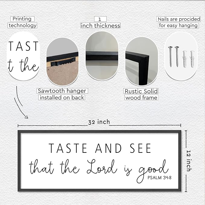 Oh Taste And See That The Lord Is Good Wall Decor 32"×12" Psalm 34:8 Bible Verse Scripture Sign Large Christian Dining Room Wall Hanging Art (Black)